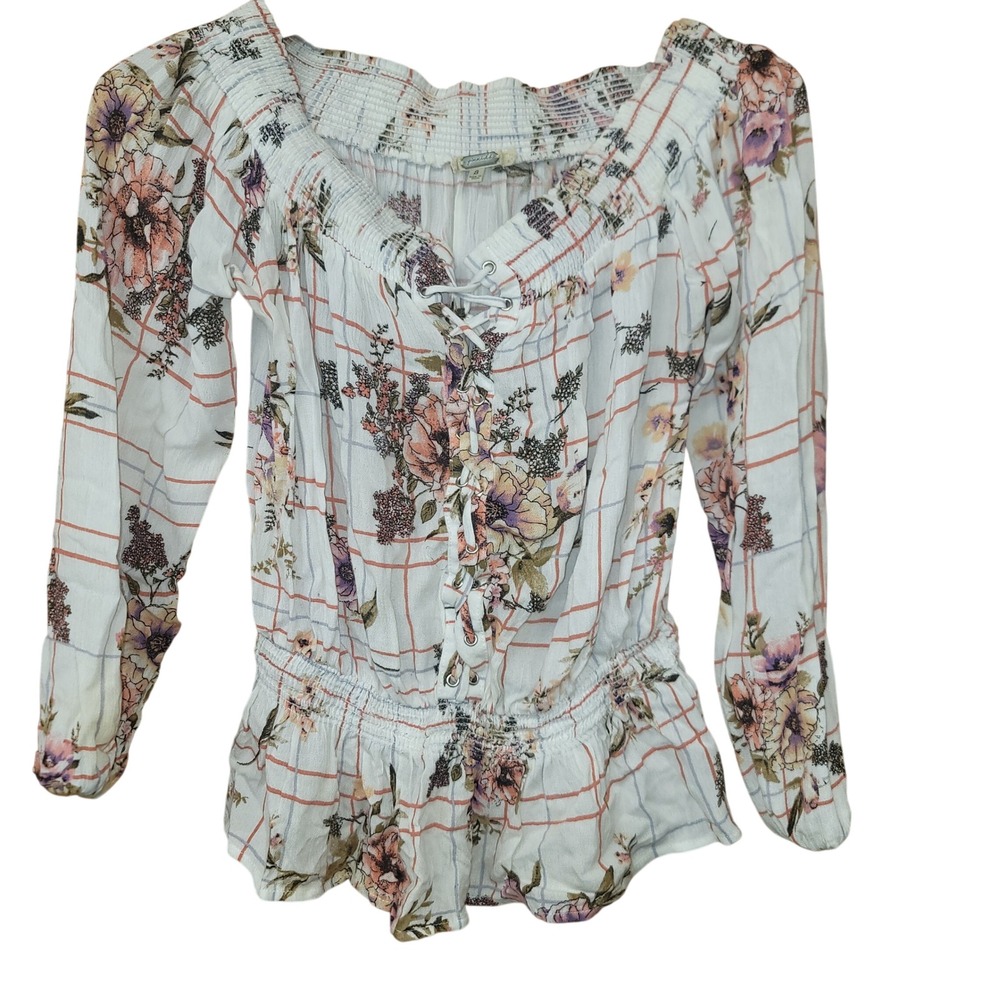 Gimmicks by BKE Womens Small Floral Lace Up Off Shoulder Peplum Blouse Whimsy